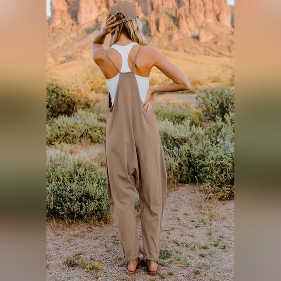 Oversized Hippie V-Neck Sleeveless Wide Leg Pant Pocket Jumpsuit Bohemian Outfit - Picture 6 of 7